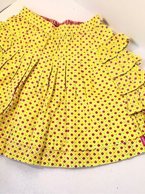 Oilily Girls Skirt Sz 140 Yellow Floral Geometric, Red Gingham Trim, Cottagecore